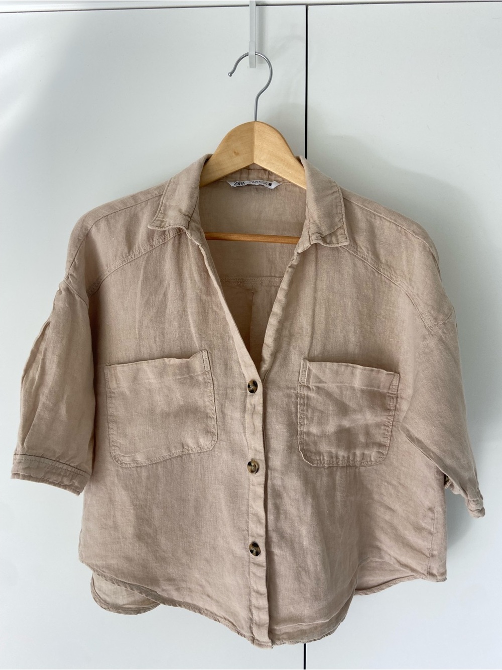 ZARA Linen Short Sleeve V-neck Button Up Shirt Tan Medium EUC